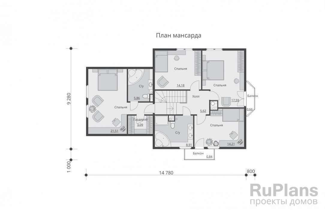 Проект Rg5609 - Проект одноэтажного дома с мансардой 
