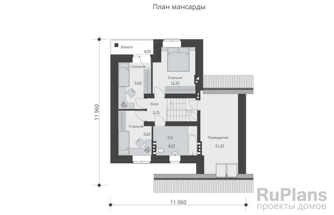 Проект Rg5160 - Одноэтажный дом с мансардой, террасой