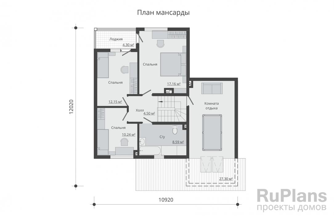 Проект Rg5305 - Одноэтажный дом с мансардой, гаражом, верандой и лоджией
