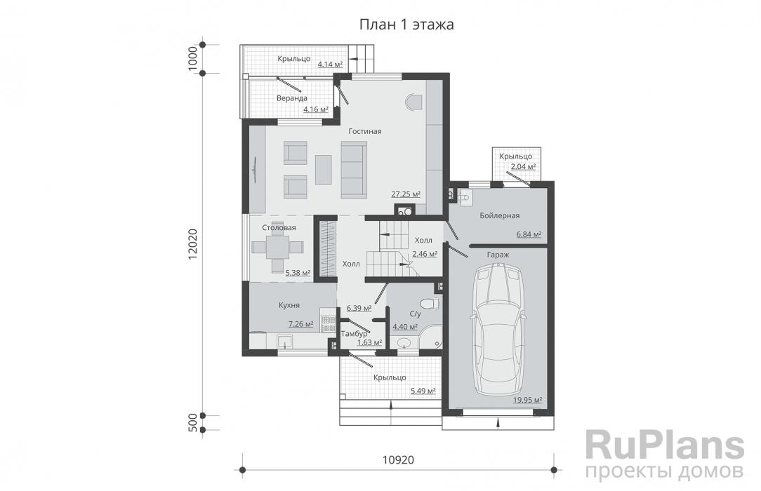 Проект Rg5305 - Одноэтажный дом с мансардой, гаражом, верандой и лоджией