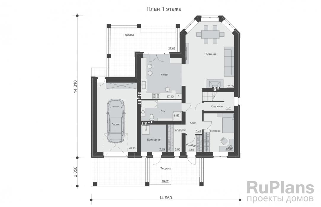 Проект Rg5245 - Двухэтажный дом с террасами и гаражом