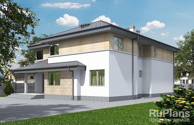 Проект Rg5397 - Двухэтажный жилой дом с подвалом, гаражом, террасой и балконом.