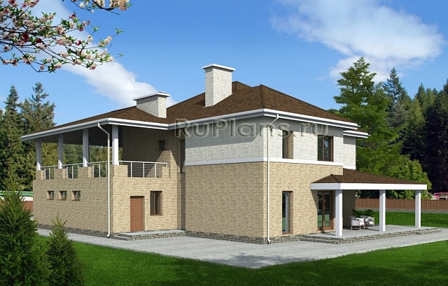 Проект Rg1565 - Двухэтажный домс гаражом на 2 машины, террасами