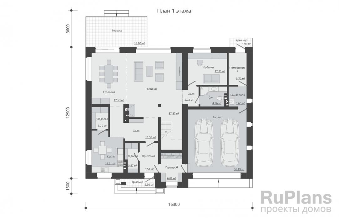 Проект Rg5253 - Двухэтажный дом с гаражом на две машины и террасой