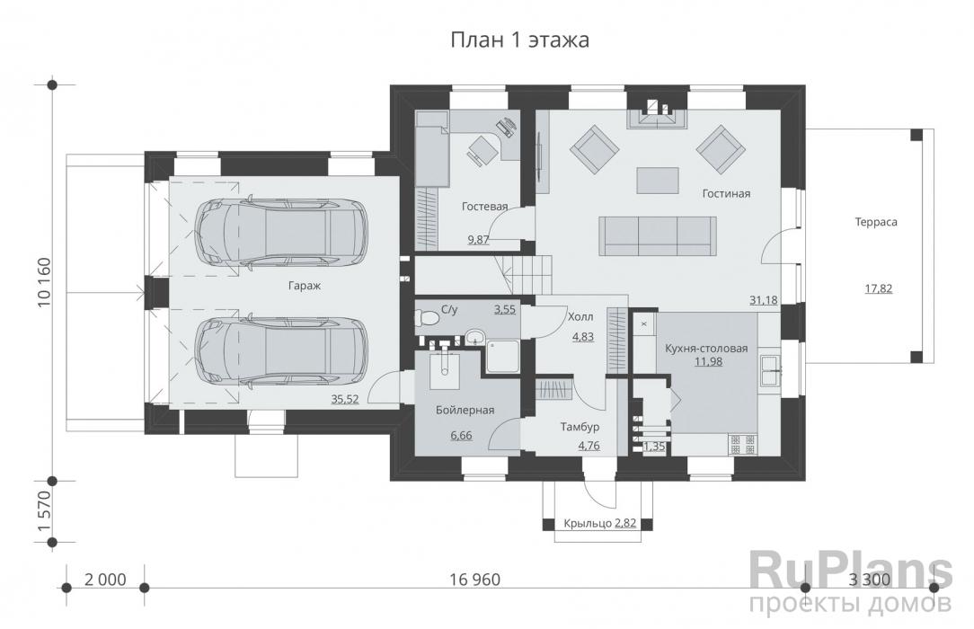 Проект Rg5191 - Двухэтажный дом с гаражом, террасой