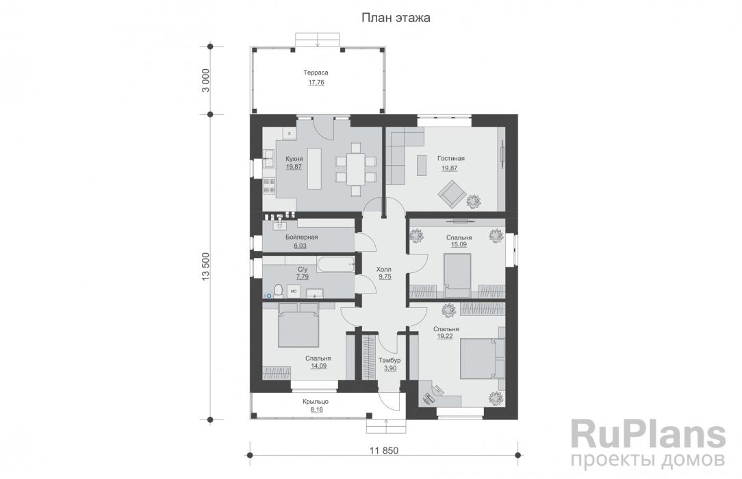 Проект Rg5665 - Индивидуальный одноэтажный жилой дом с террасой